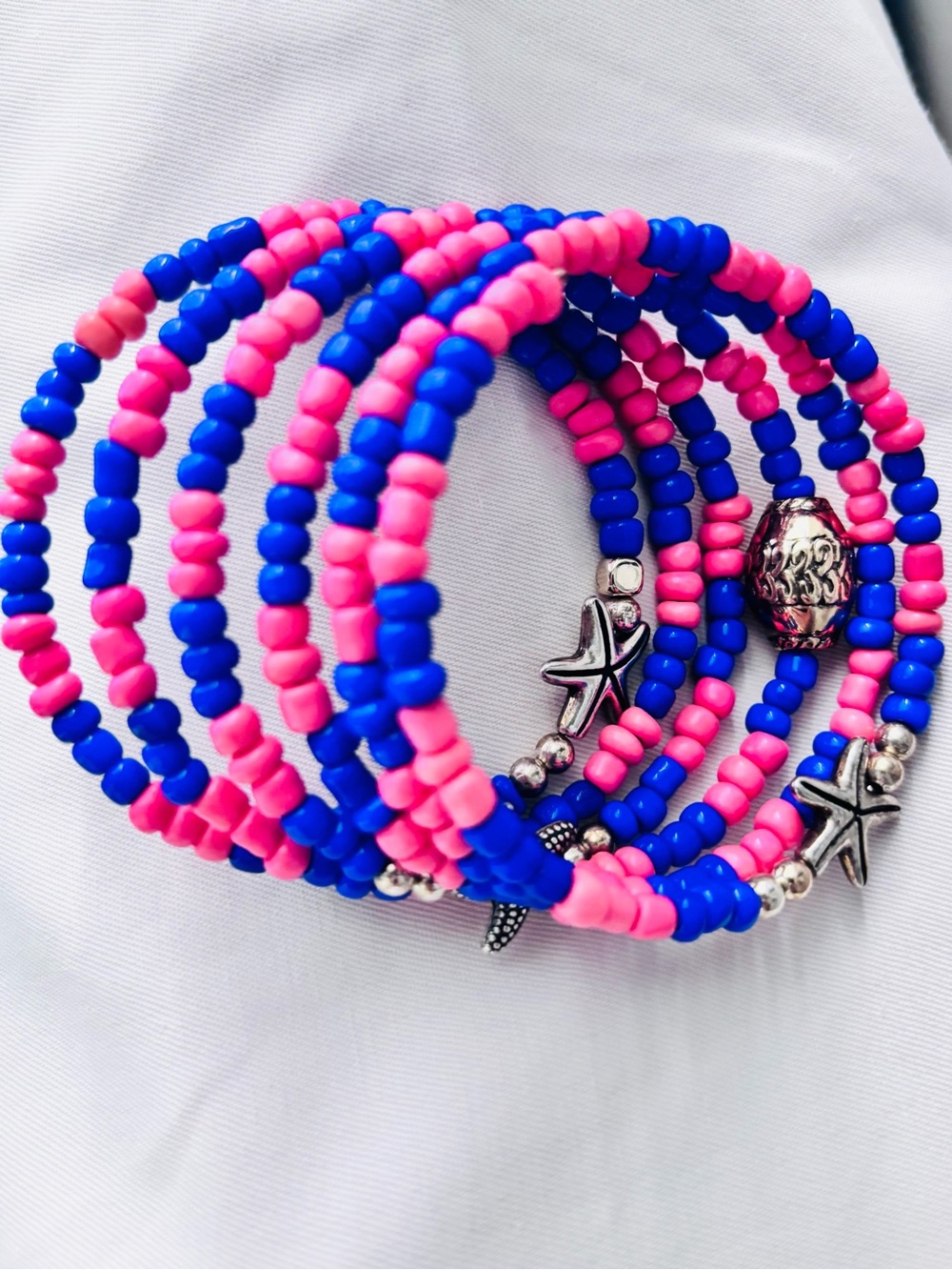 Pink & Royal Blue Seed Bead Wrap Bracelet with Starfish Charms